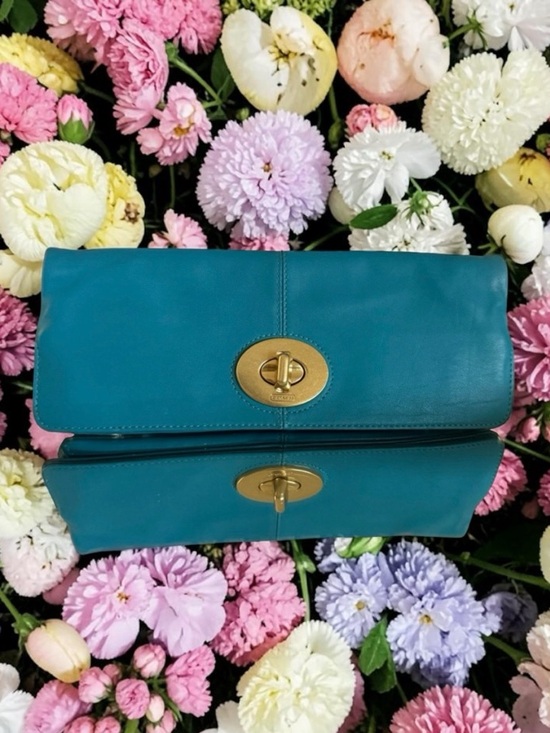 Coach Handbags - Coach Madeline leather fold over turn lock teal blue clutch